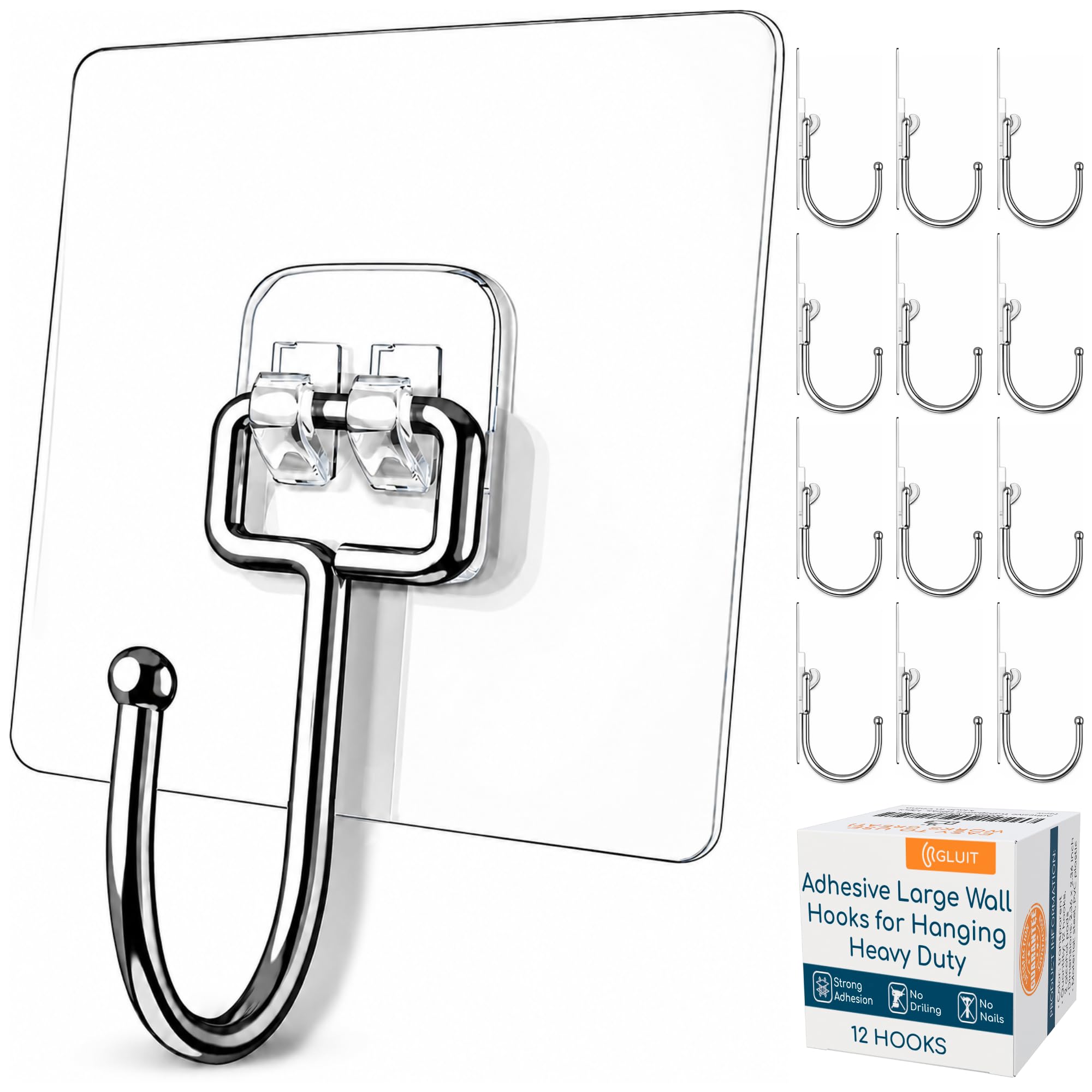 GLUIT Adhesive Wall Hooks for Hanging, Heavy Duty No Drill, 22 lbs, 12 Pack