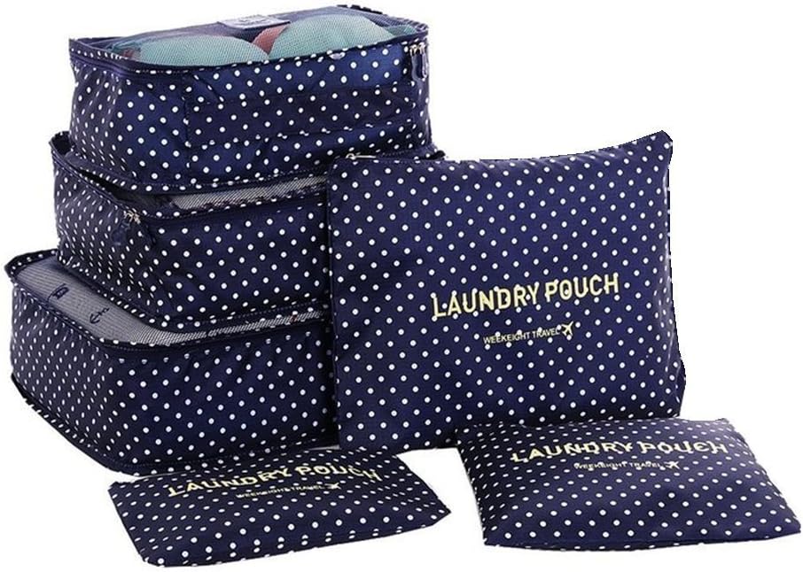 6 Set Packing Cubes-Travel Organizers Packing Cubes Luggage Packing Organizers- Laundry Bag, for Travel or Camping for Clothing Cosmetics Shoes Socks Underwares Bras Storage (Wave Piont)
