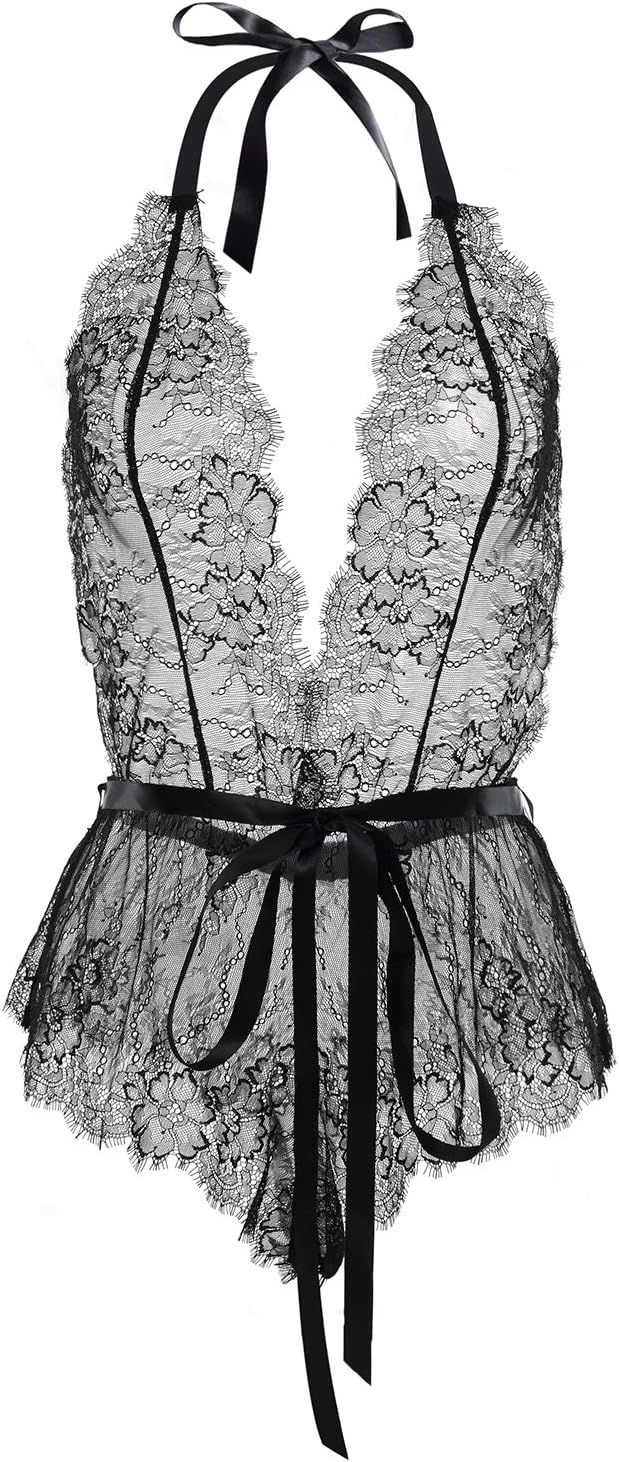 Garmol Women Lingerie Lace Teddy Open Back Halter Deep-V Eyelash Bodysuit