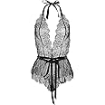 Garmol Women Lingerie Lace Teddy Open Back Halter Deep-V Eyelash Bodysuit