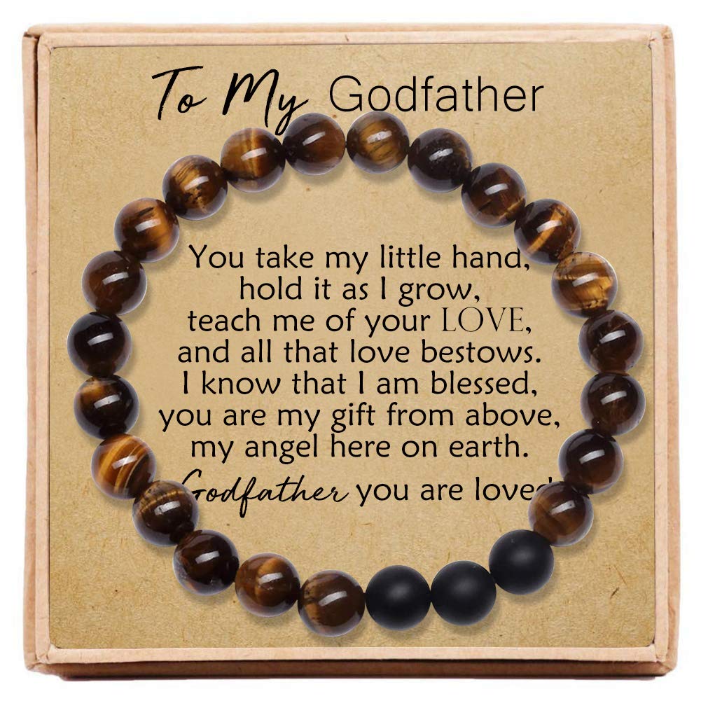 Gifts for Godfather 8mm Natural Tiger Eye Stone Beads Bracelet Elastic Adjustable Yoga Bracelet Bangle with Message Card & Gift Box - The Godfather Gifts for Men Birthday Gifts