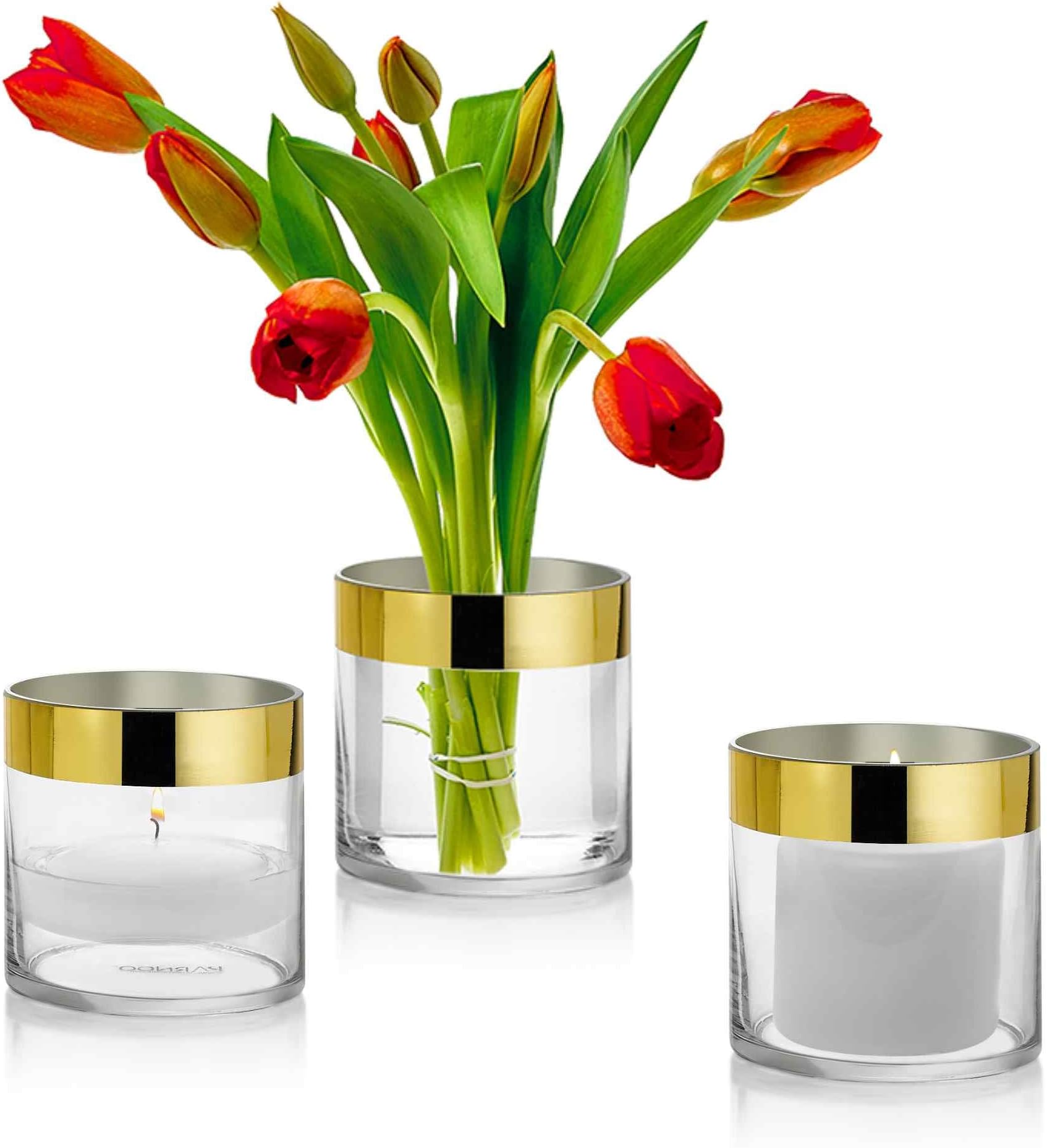 Set of 3 Glass Cylinder Vases 4 Inch Tall with 1 Inch Gold Rim - Multi-use: Pillar Candle, Floating Candles Holders or Flower Vase – Perfect as a Wedding Centerpieces.