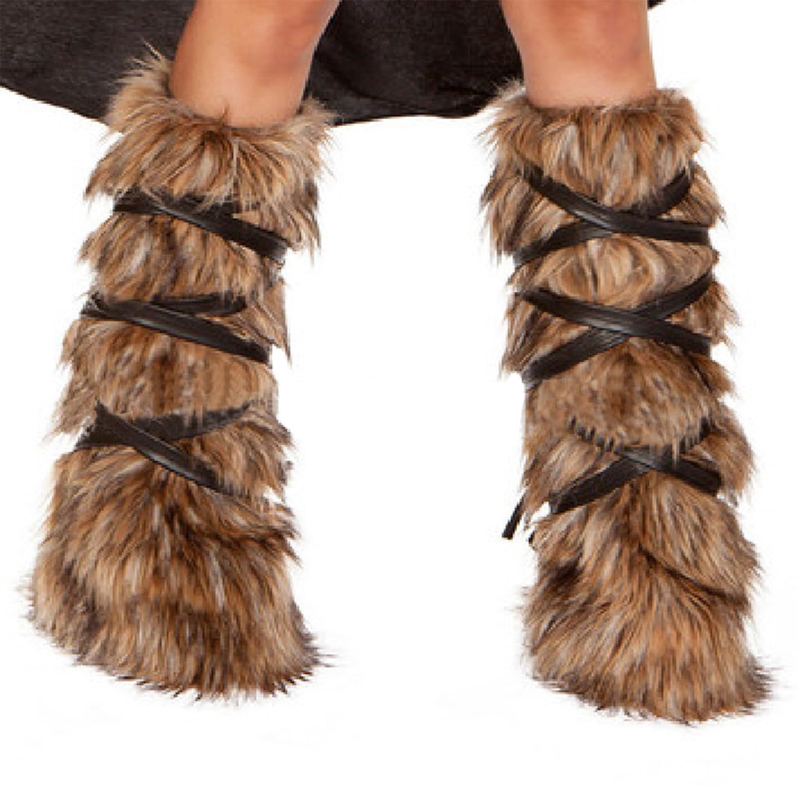 Moonlove 1 Pair Brown Faux Fur Ankle Leg Wrist Decoration Soft Furry Long Ankle Leg Warmers with Puttee for Adults Halloween Costume Accessories Fancy Dress Stage Performance Costumes