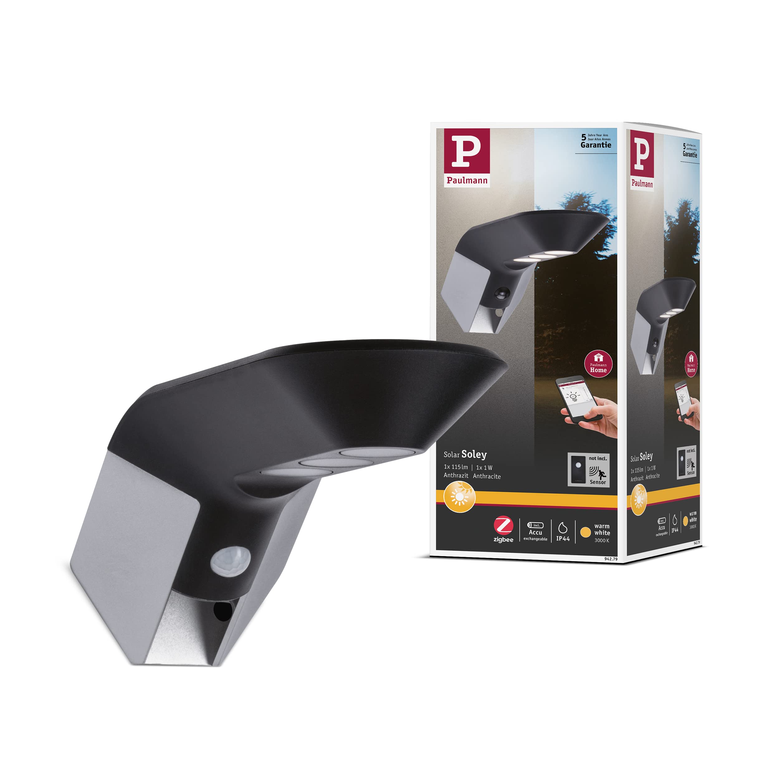 Paulmann 94279 Soley LED Solar Zigbee Wall luminaire incl. 1x1 watt IP44 Splash-Water Protected Anthracite Garden Lighting Plastic, Metal Warm White 3000 K
