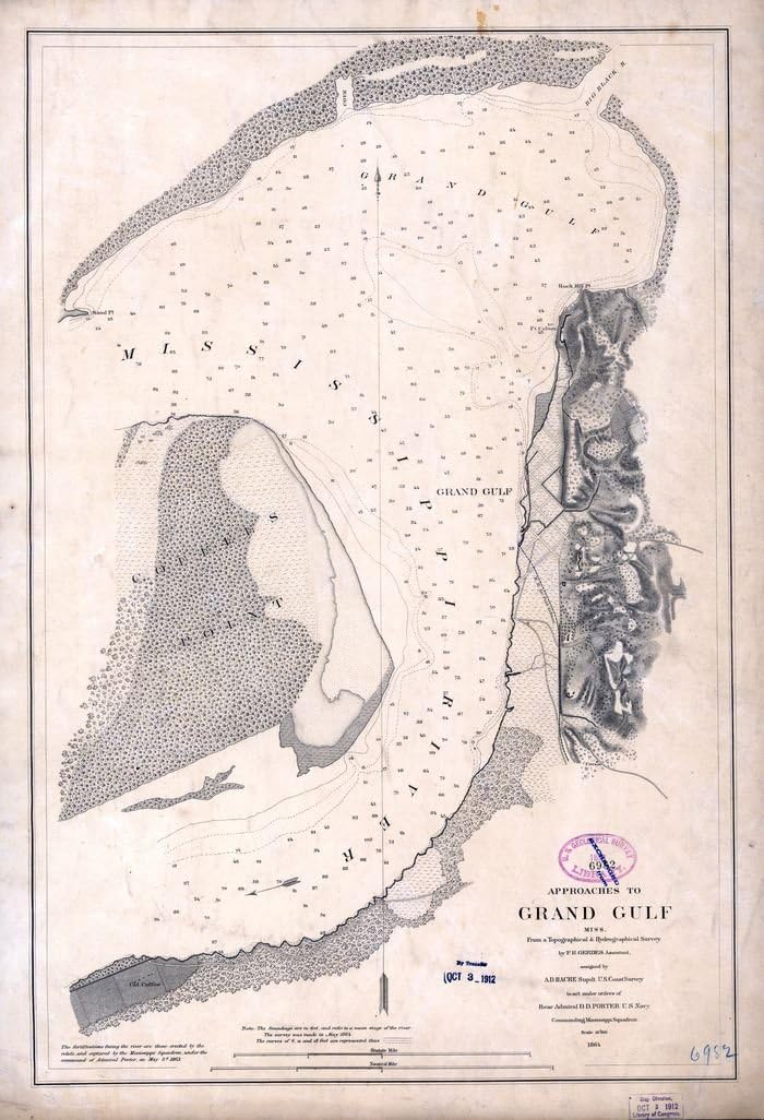 Civil War Map Reprint: Approaches to Grand Gulf, Miss. From a topographical & hydrographical survey by F. H. Gerdes, Assistant, assigned by A. D. Bache, Supdt, U.S. Coast Survey, to act under orders of Rear Admiral D. D. Porter, U.S. Navy, commanding Mississippi Squadron.