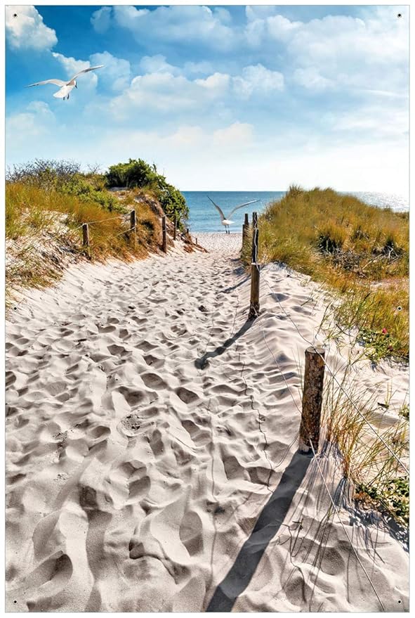 Wallario Garten-Poster Outdoor-Poster - Möwen auf dem Weg zum Strand in Premiumqualität, Größe: 61 x 91,5 cm, für den Außenei