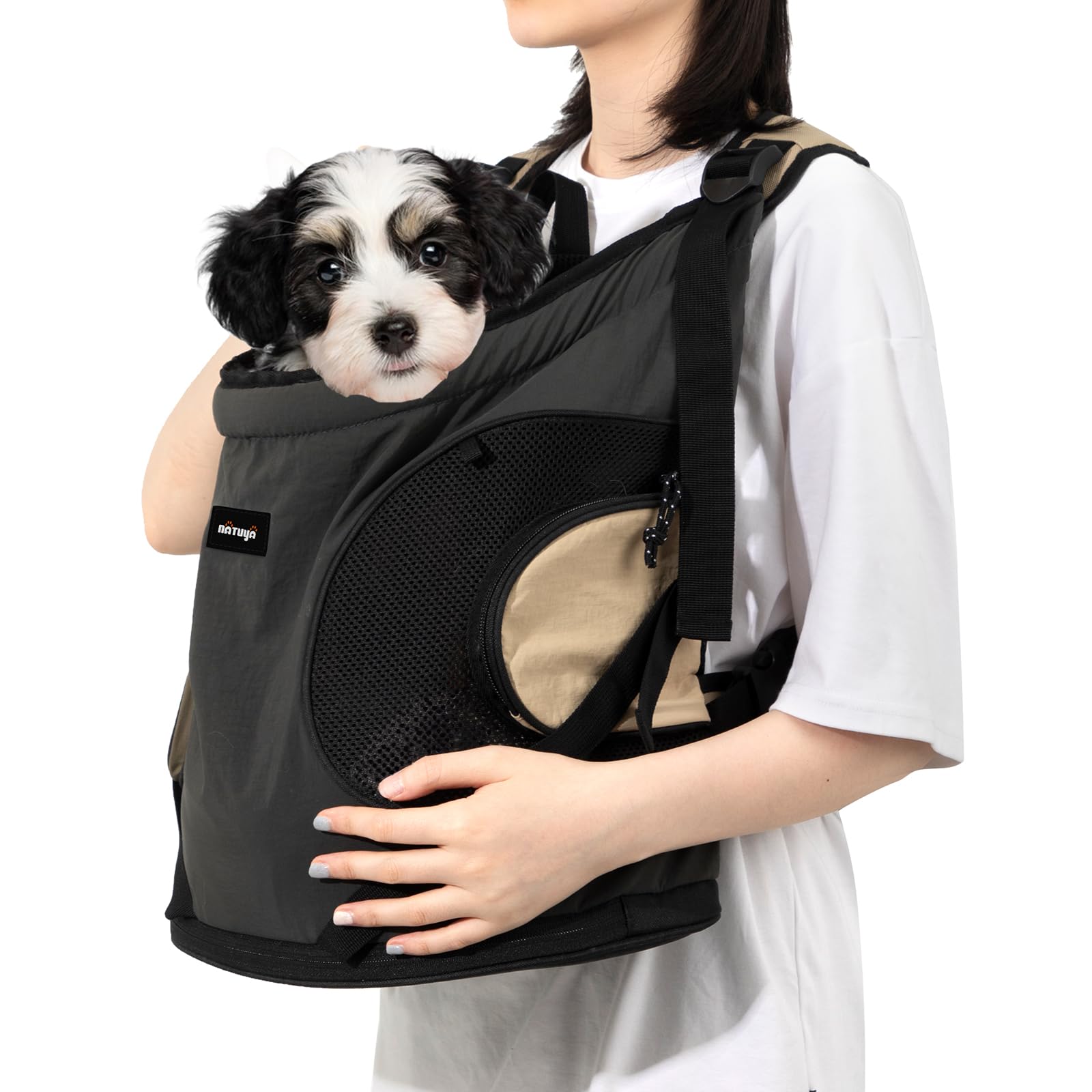 Photo 1 of NATUYA Dog Front Carrier, Pet Carrier Front-Pack for Small Dog Puppy Cat, Travel Hiking Waterproof Lightweight Pet Bag, Padded Bottom Mat & Zip Pockets (Black)