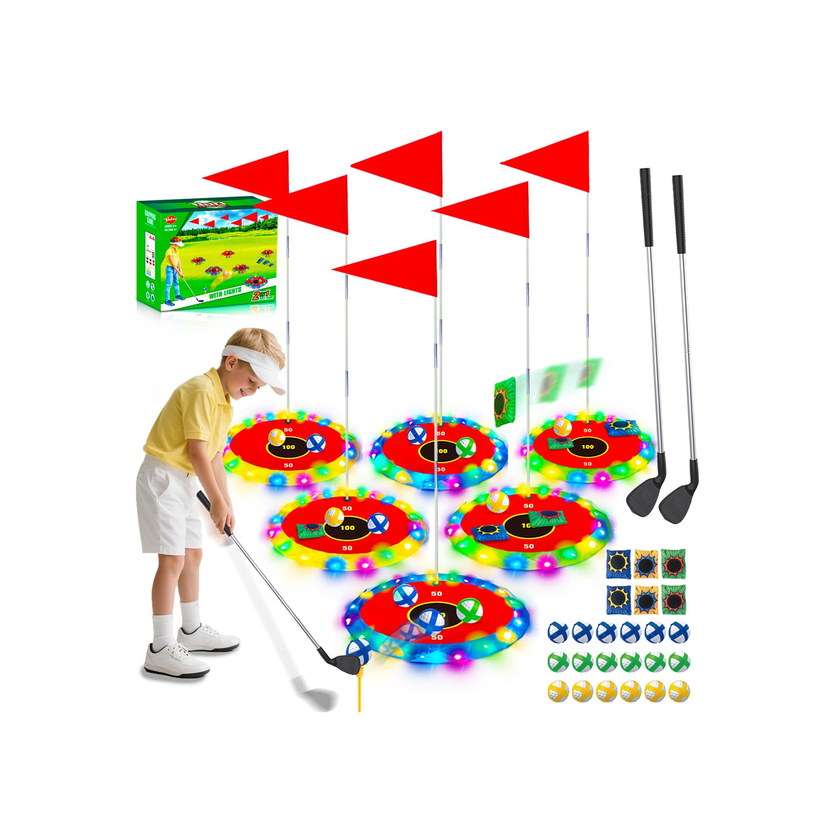 VATOS 2-in-1 Light up Golf Toy Set- Golf Chipping & Bean Bag Toss with 6 LED Targets, 2 Clubs, 18 Balls, Night Golfs Play for Indoor Outdoor Party Yard Golfer Gifts Sports Toys for Kids 5-12