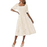 MEROKEETY Womens 2025 Summer Short Puff Sleeve Smocked Square Neck Floral Textured Tiered Midi Dress