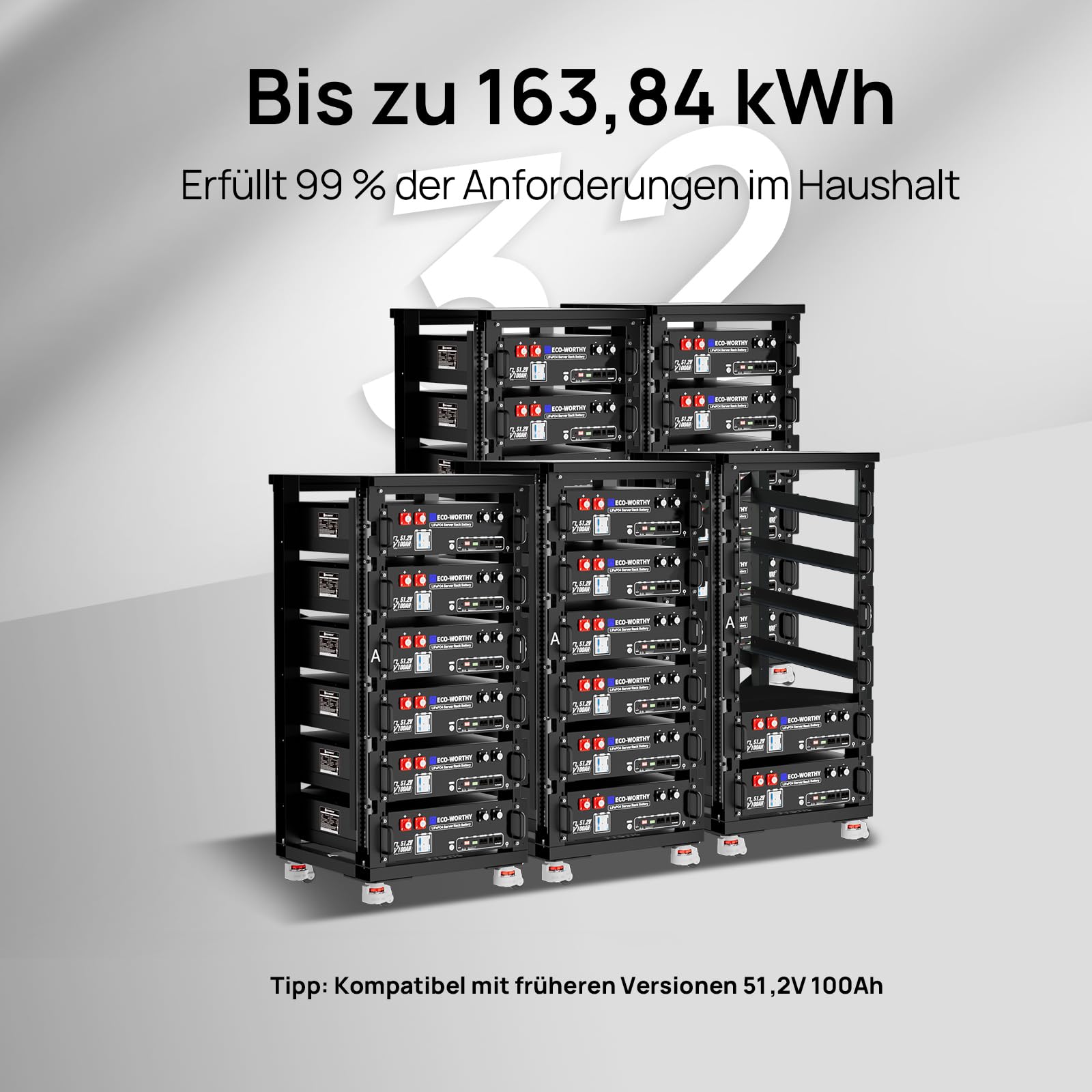 ECO-WORTHY LiFePO4 48V 100Ah Bluetooth mit 100A BMS,5.12KWh 48V Lithiumbatterie Serverschrank Solarbatterie für Solaranlage Komplettset,Photovoltaikanlage,IEC 62619 4