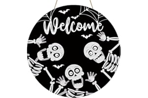 YINENA Welcome Halloween Skeleton Door Sign Funny Skull Wood Door Hanger for Outdoor Outside Porch Seasonal Holiday Farmhouse Wooden Indoor Wall Hanging Decoration
