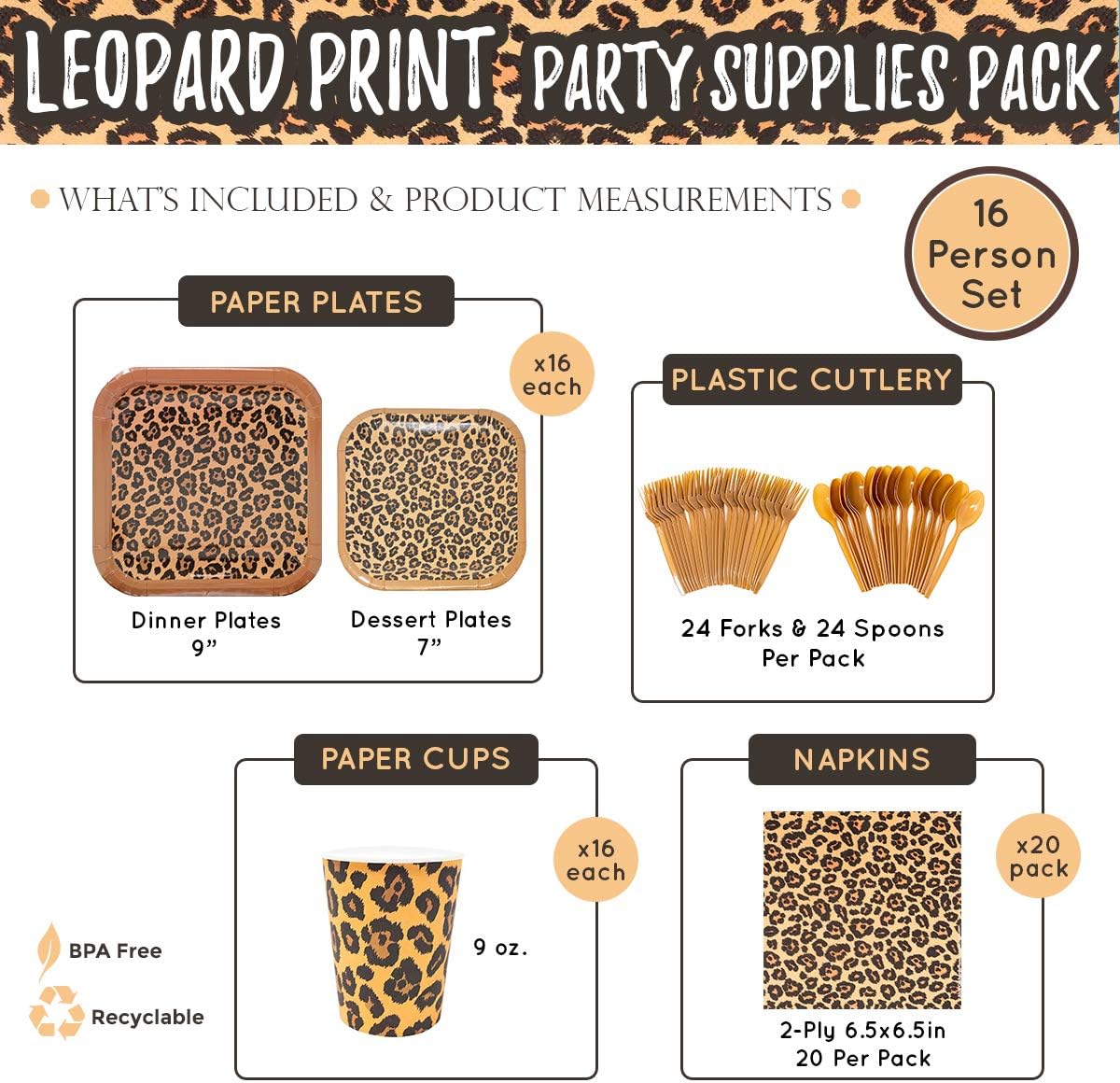 Leopard Print Party Supplies Pack (113+ Pieces for 16 Guests!), Leopard Party, Cheetah Print Tableware: Health & Personal Care