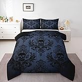 Gothic Skull Kids Comforter Set Queen Size,Antique Victorian Baroque Boho Reversible Bedding Set for Adult,Gray Blue Damask Lace Floral Print Luxury Bed Duvet Insert,2 Pillowcases