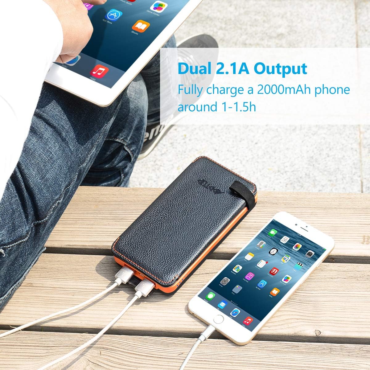 ADDTOP Solar Charger 25000mAh Portable Solar Power Bank with Dual 2.1A Outputs Outdoor External Battery Pack Compatible Most Smart Phones, Tablets and More