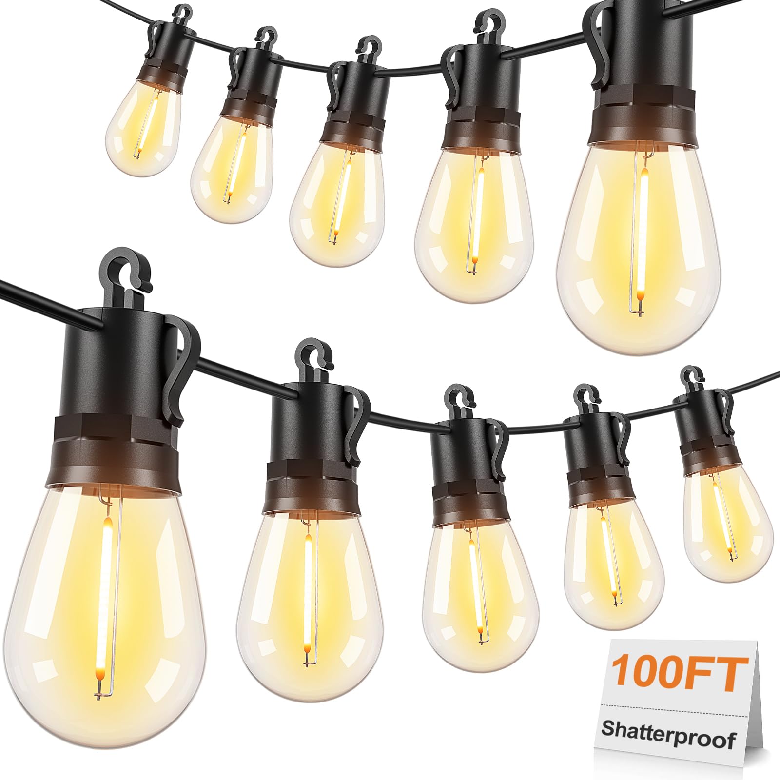 Photo 1 of Brightever LED Outdoor String Lights 100FT Patio Lights with 30+2 Shatterproof S14 Dimmable Edison Bulbs, Vintage LED String Lights for Outside, Waterproof Bistro Lights for Party, Birthday, Holiday