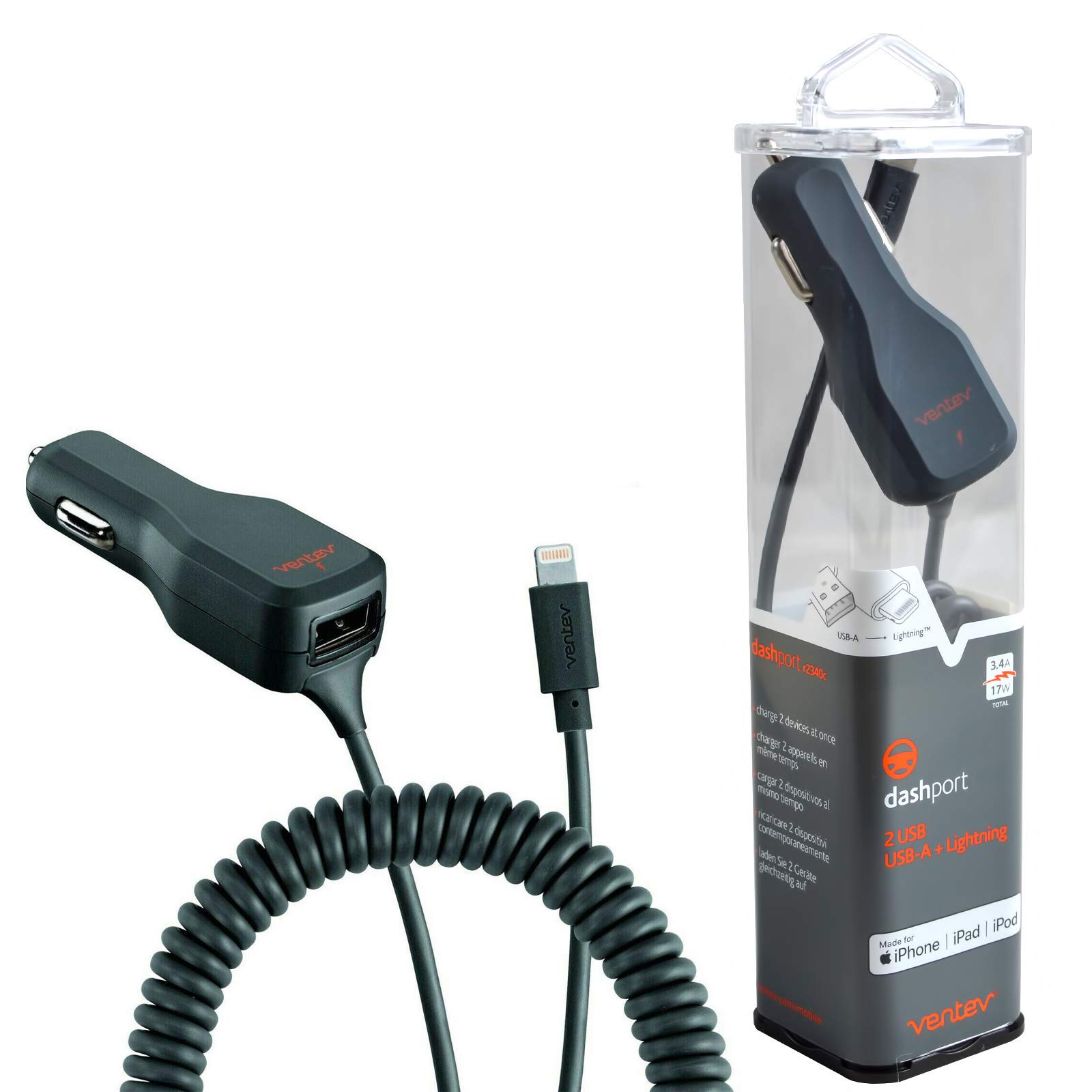 Ventev 3.4A In-Car Charger Adapter MFi Certified 17Watt Lightning & USB Fast Rapid Coiled Tangle Free For iPhone 12 Mini/11 Pro Max/SE 2020/XR/XS/X/8/7 Plus/XS Max, iPad Pro 10.5"/9.7 Inch/iPod Touch
