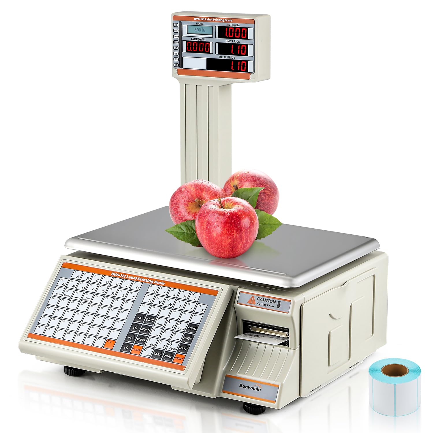 Photo 1 of Bonvoisin Label Printing Scale 66lbs Capacity Price Computing Scale Pole Display with Label and Receipt Printer Commercial Barcode Scale for Retail Store, Supermarket and Farm