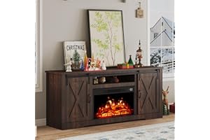 AMERLIFE Fireplace TV Stand with Sliding Barn Door for TVs up to 73", Farmhouse 63" Fireplace Entertainment Center with Storage Cabinets/Adjustable Shelves, Reclaimed Barnwood