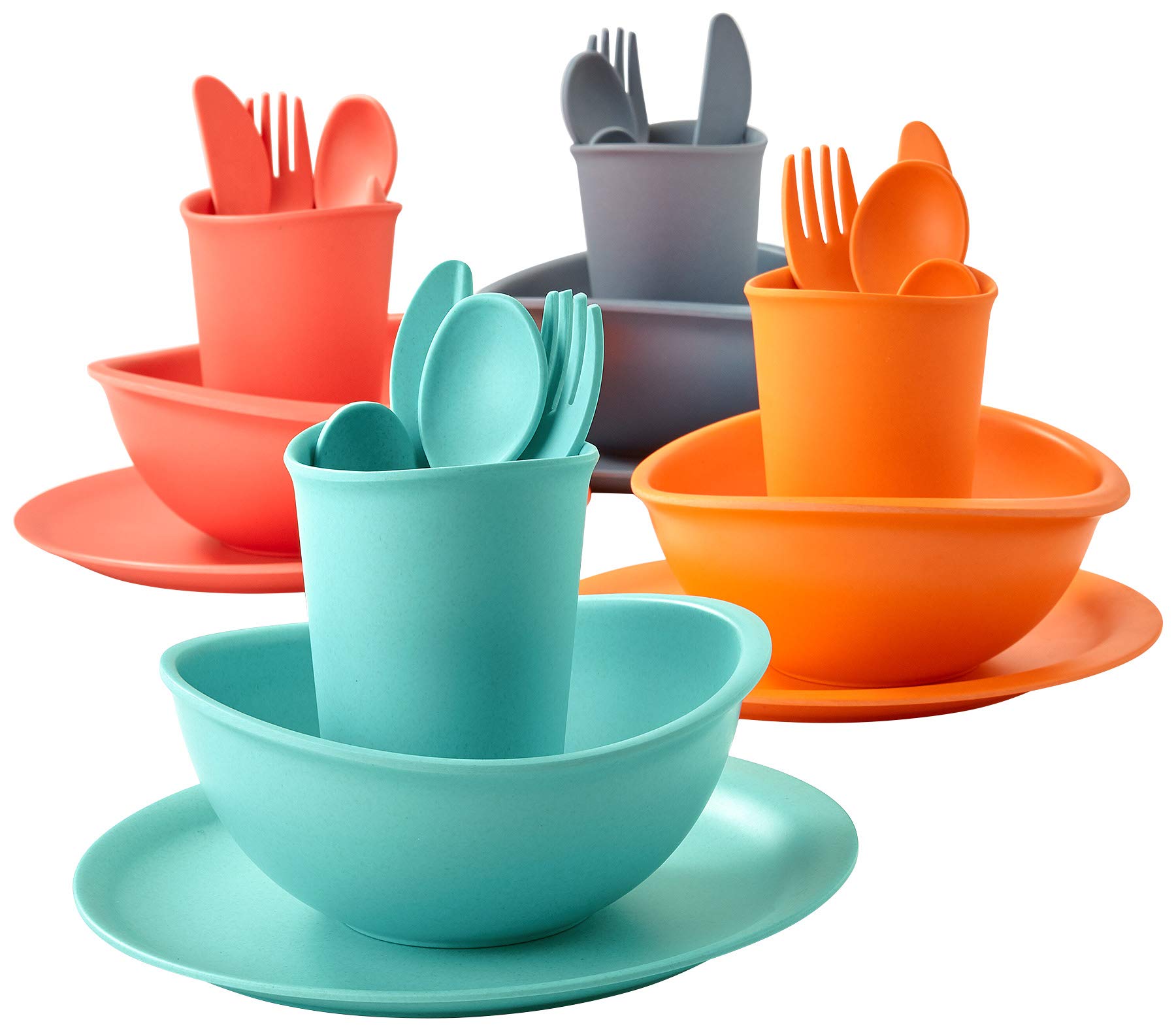 Smidge 28 Piece 4-Person Camping/Picnic Large Plate, Bowl, Mug & Cutlery, Reusable, Sustainable & Eco-friendly, Healthy Plastic-, BPA-, Melamine- & Biodegradable and Beautifully Designed