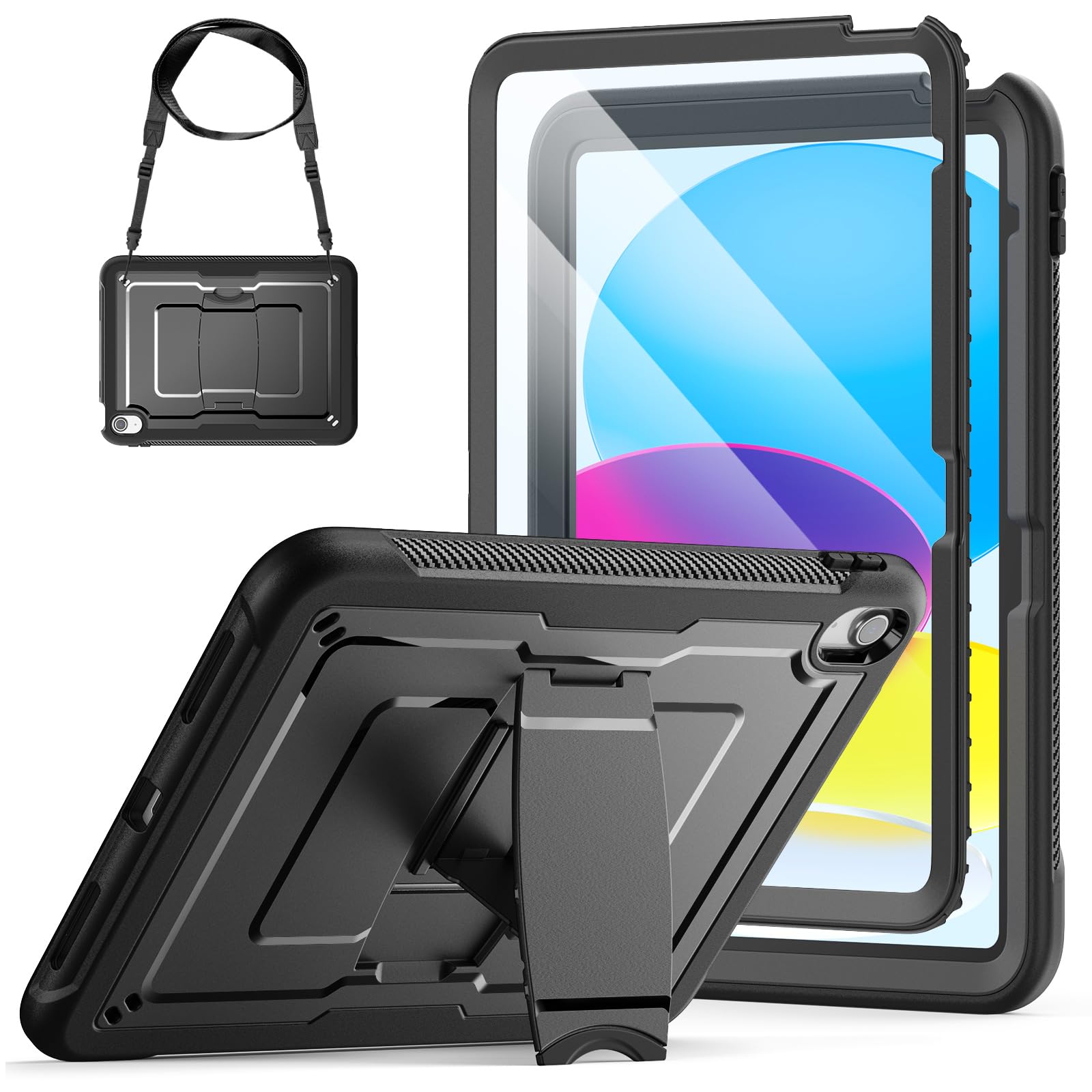 Photo 1 of SEYMAC stock Case for iPad (A16) 11th/10th Generation 11''/10.9'' 2025/2022, with Built-in Screen Protector, Shoulder Strap, Built-in Kickstand, Rugged Full Body Shockproof Protective Case, Black