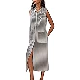 Seetaa Women's Spring Summer Button-Down Shirt Dress Cotton Striped Collared Tunics Sleeveless Tank Dress with Pockets