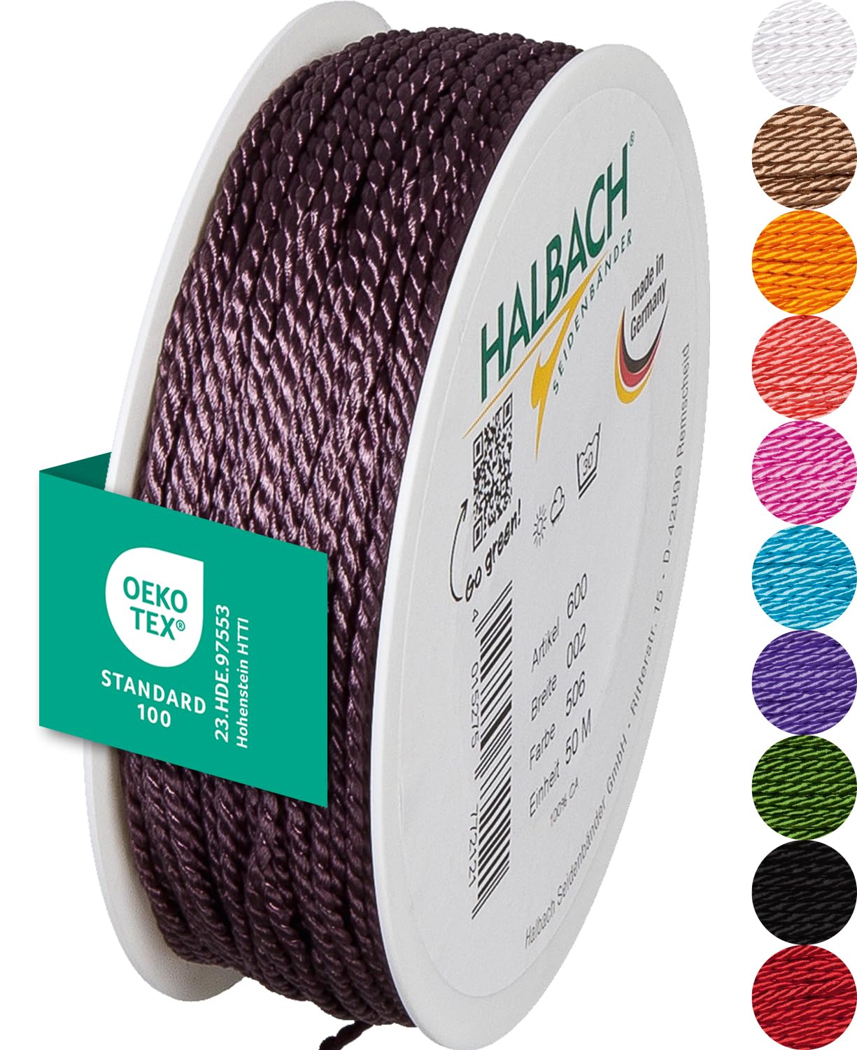 Halbach Seidenbänder Premium Cord (Dark Lilac), Width 2 mm, Length 50 m, Made in Germany and Oeko-Tex Certified, Shiny Satin Cord Made of Acetate — image 1