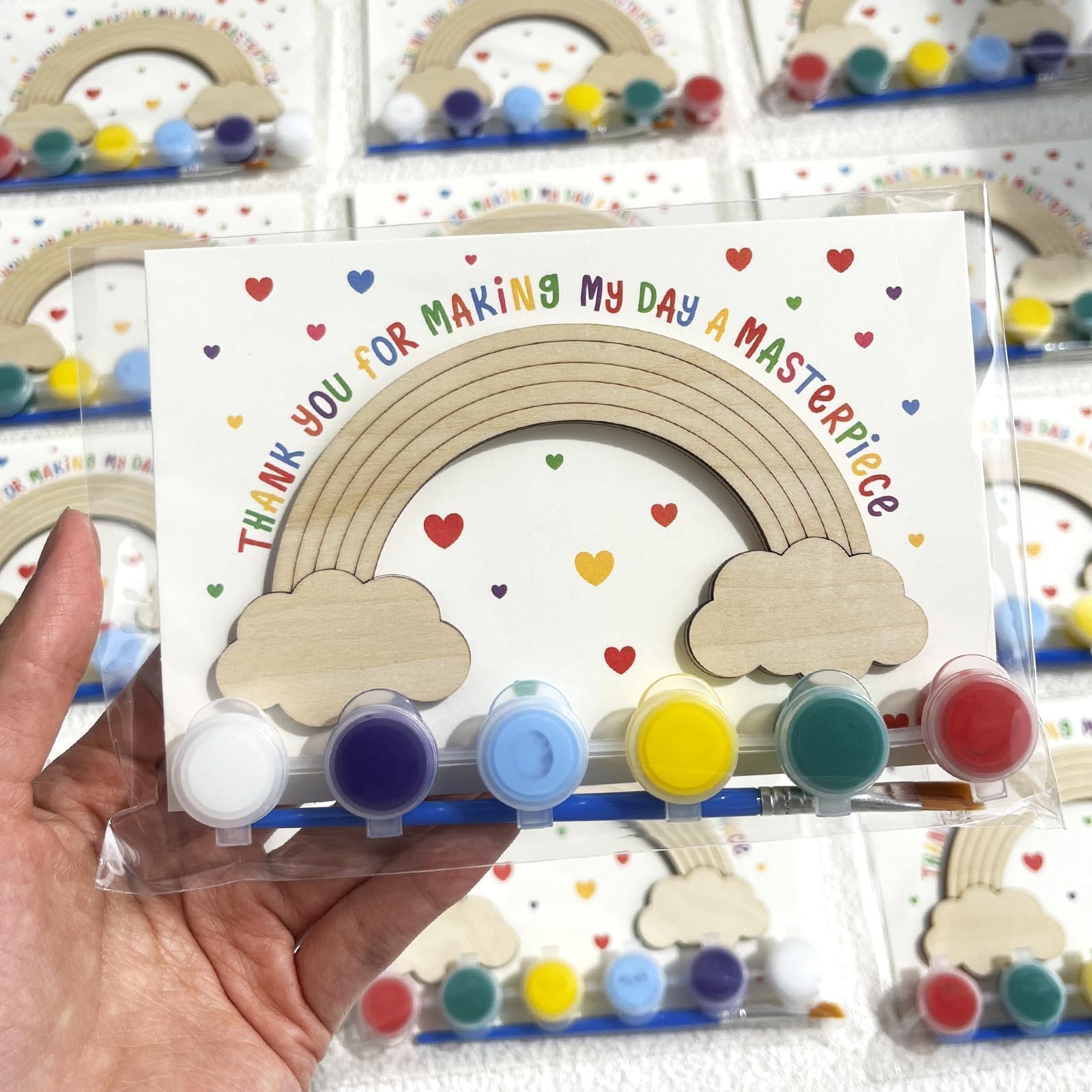 Photo 1 of 12 Pack Pre-Packaged Rainbow Party Favors for Kids, Wooden Rainbow Cutouts with Magnets & Painting Kits, Thank You for Coming Gifts for Kids