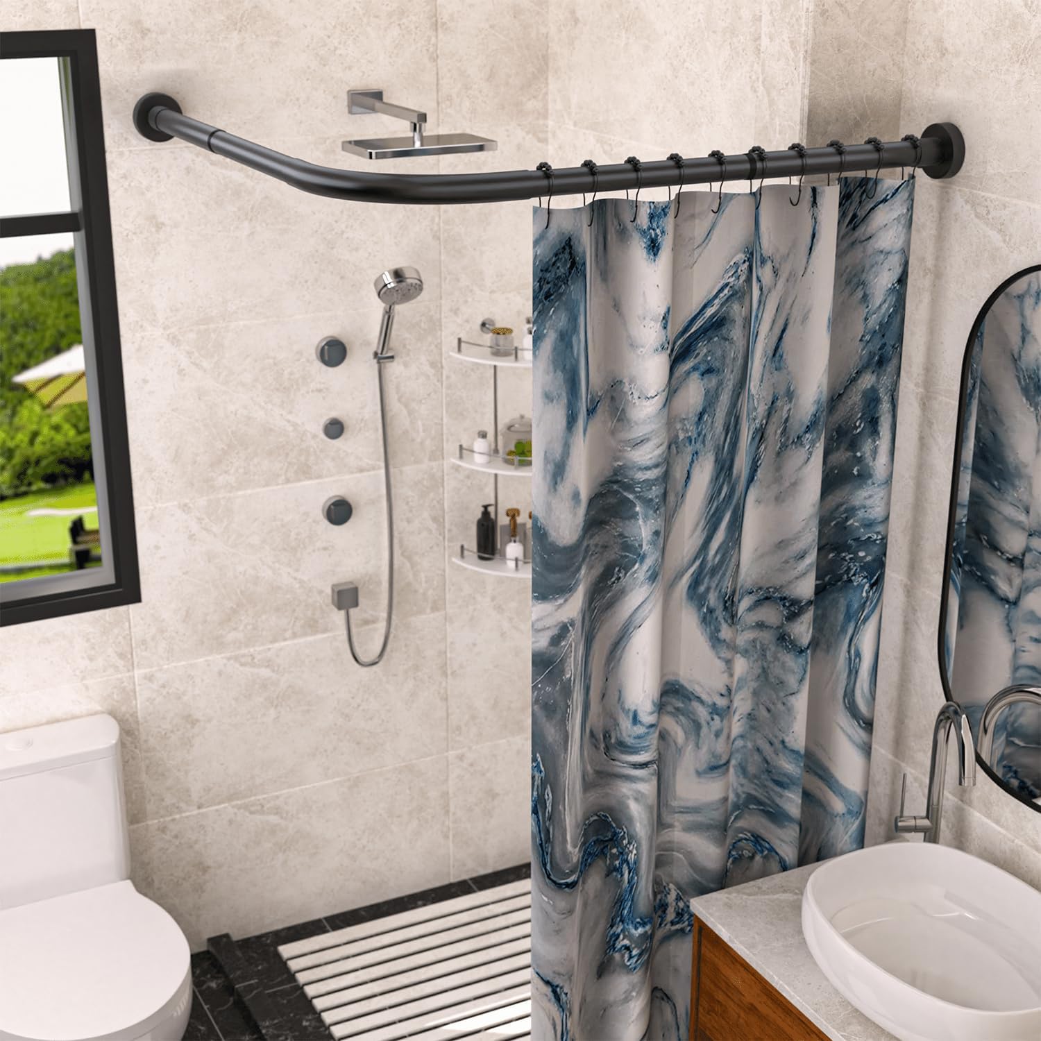 SIKAIQI Stretchable 304 Stainless L Shaped Bathroom Bathtub Corner Shower Curtain rail Rack (Black 60-92 cm x 60-92 cm), Drill Free Install, for Bathroom, Clothing Store, Private space — image 1