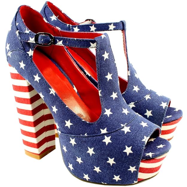 Womens American Flag T Bar High Heel Shoes Blue Amazon.co