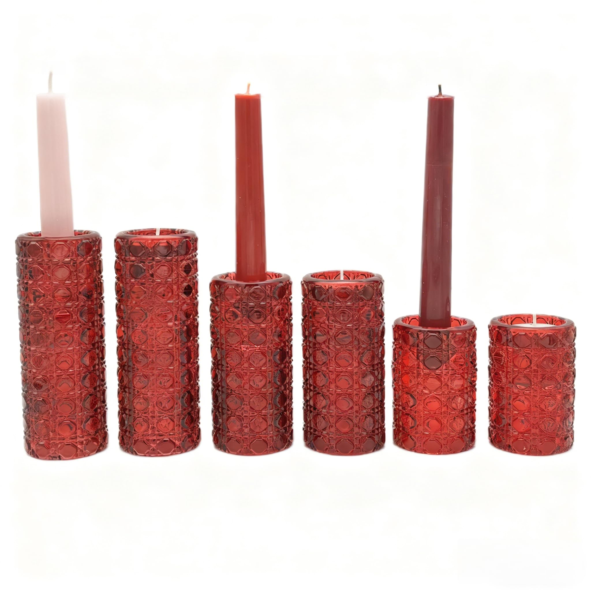 Red Glass Candle Holders Set, 6 Pack Clear Candlestick Holders 3 in 1 Crystal Candleholder Pillar Candle Stands, Tealight & Votive Candle Holder Home Decor Table Centerpieces Christmas Wedding
