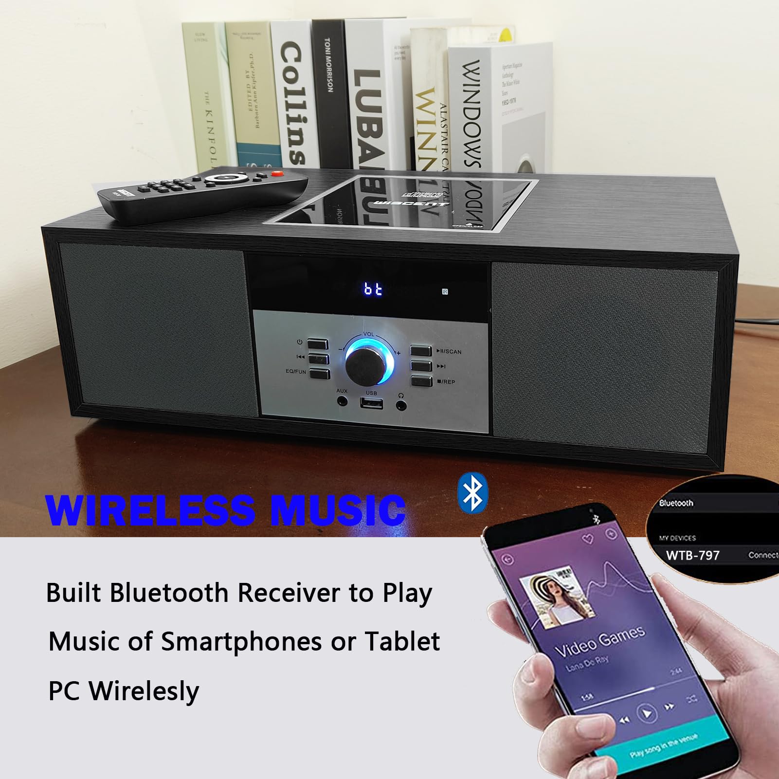 Nostalgic Bluetooth Stereo System for Home, WISCENT Vintage Micro HiFi Systems CD Player,with Bluetooth Audio Streaming,FM Radio,USB Port,Aux-in,Earphone Port (Black CD Player)