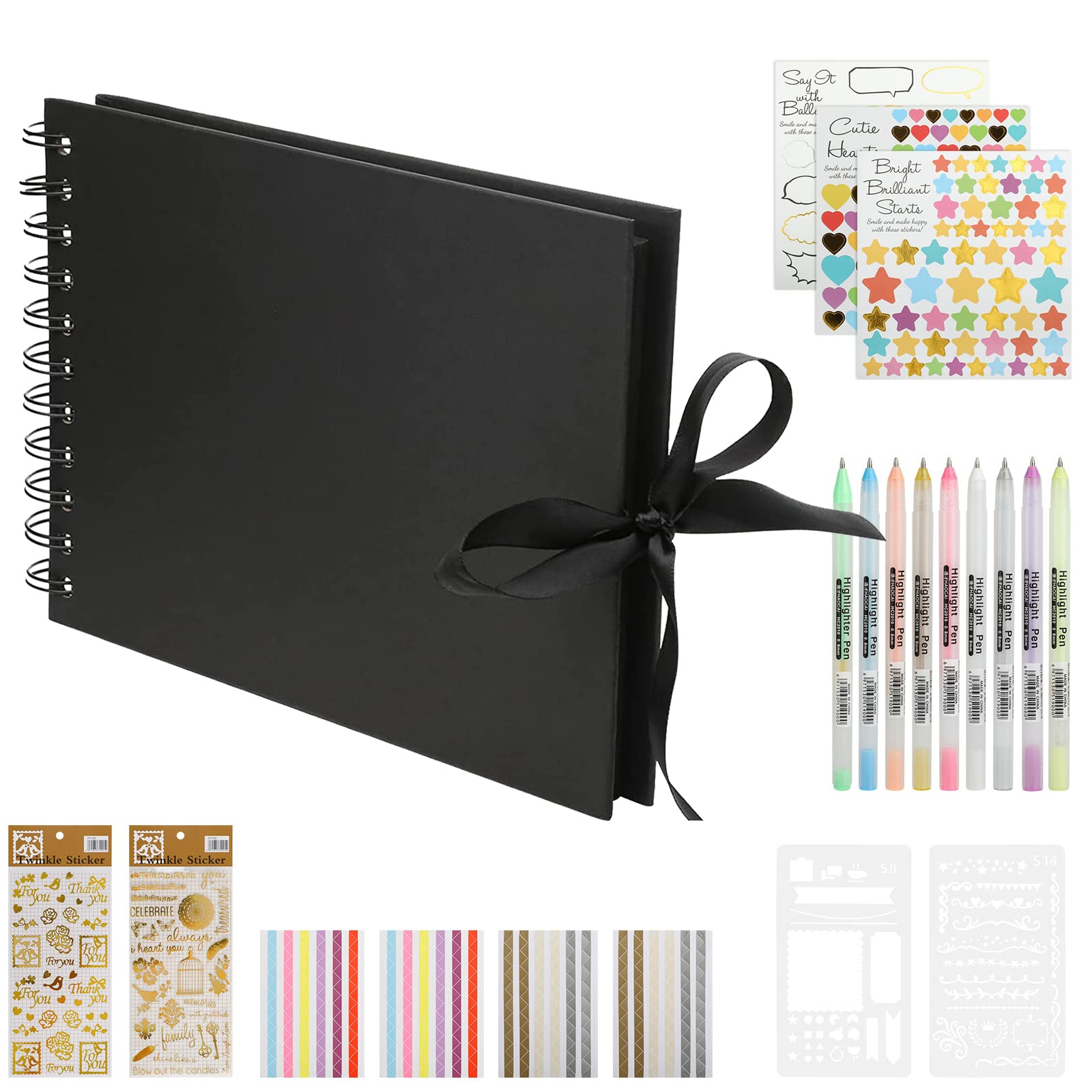 HXC Photo Scrapbook Photo Album Scrapbook A5 Black Scrapbook,DIY Memory Books for Baby Wedding Albums, Scrapbook kit with Marker Pens Photo Corners Sticker 60 Pages (Black)