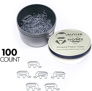 Butler in the Home Animal Elephant Shaped Paper Clips in Silver Tin and Silver Gift Box Great for Paper Clip Collectors or Zoo Animal Lovers (100 Count Gray)