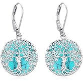 Eusense Sterling Silver Tree of Life/Filigree/Celtic/Compass/Cat/Bee/Dragon Animals Dangle Earrings Turquoise Malachite Drop Leverback Earrings Jewelry Gifts for Women