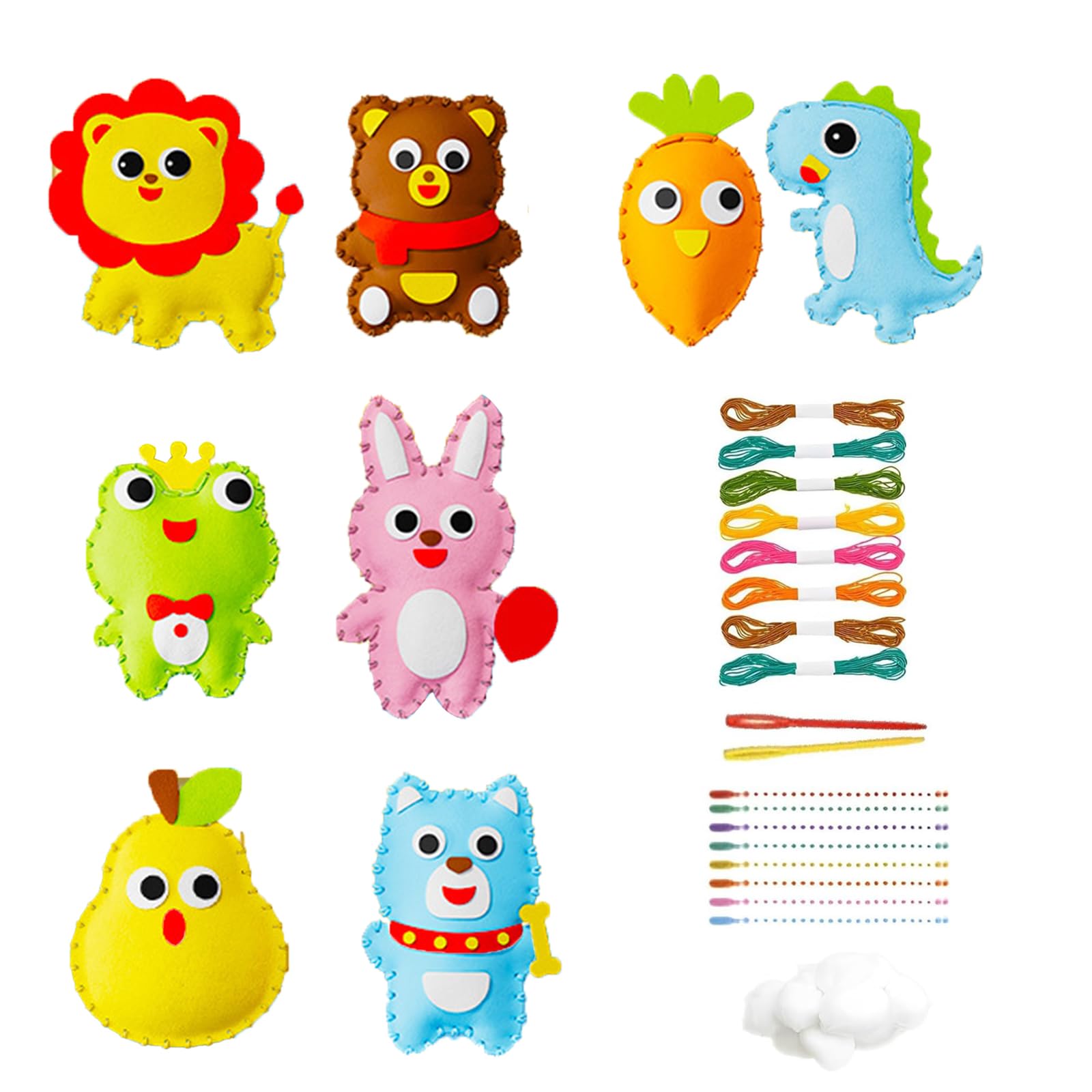 ARROMI 8 PCS Kids Sewing Kit, Sewing Fun for Kids, Animal Sewing Craft Kit, Sewing Le Fabric Sewing Key Pendant Creative Cartoon Bag DIY Children's Puzzle Handmade Material Bag