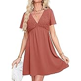 Simplee Womens Summer Casual Boho Dress V Neck Short Sleeve Party Mini Sundress A Line Cocktail Waist Pocket Dresses 2026