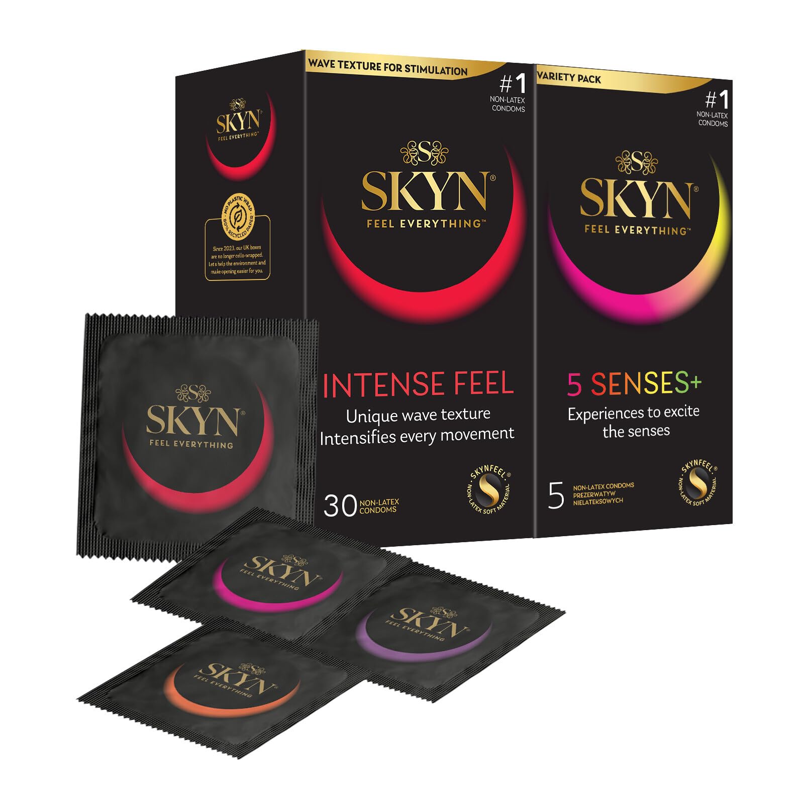SKYN Intense Feel Condoms Pack of 30 & 5 Senses Pack of 5 / Skynfeel Latex Free Condoms for Men, Regular Size, Raised Dots, Cocktail Flavoured, Ultra-Thin, Warming, Cooling — image 1