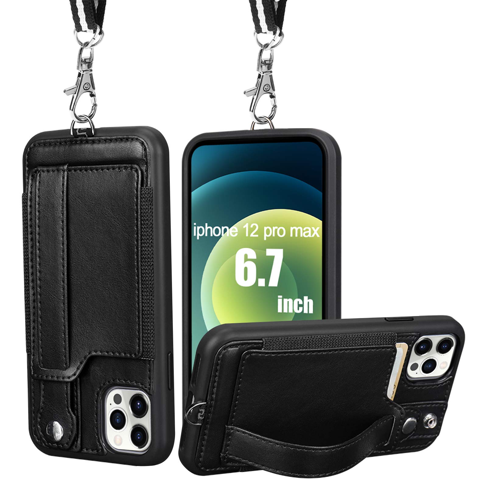 TOOVREN iPhone 12 Pro Max Case,6.7 inch Leather Wallet Case with Card Holder Black Cover with Neck Lanyard Non Slip Hand Strap Kickstand,Shockproof Bumper Protective Shell for Apple iPhone 12 Pro Max