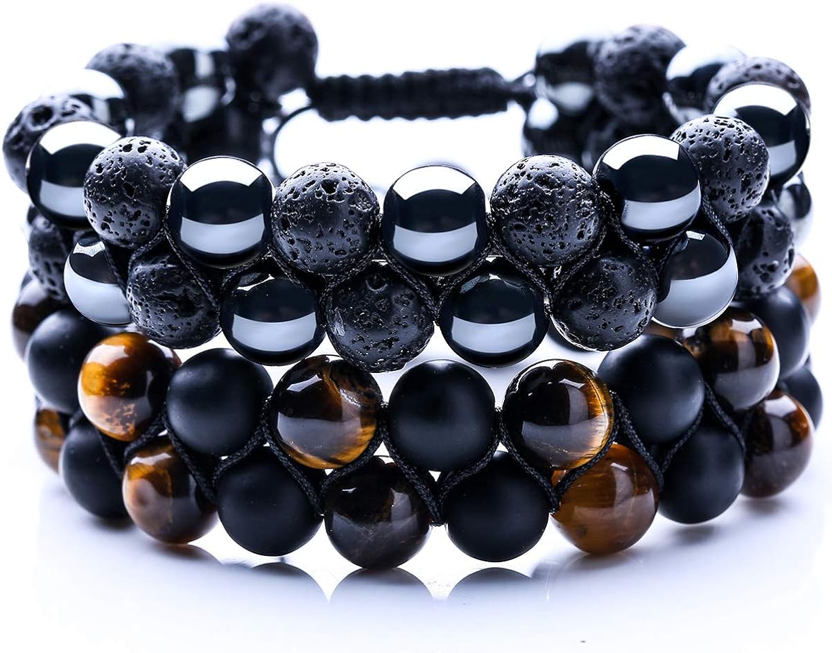 WRCXSTONE Natural Stone Bracelet Mens Black Lava Rock Bracelet Tiger Eye Gemstone Bracelet Yoga Essential Oil Bracelet Charm Gift: Clothing