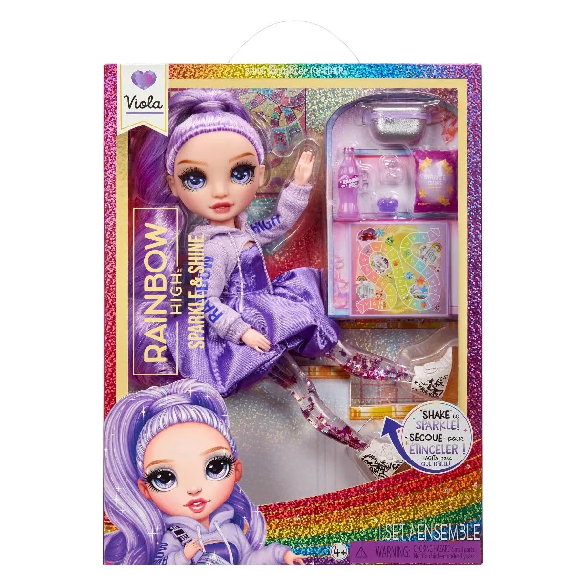Rainbow High Sparkle and Shine - Viola (Purple) - 28 cm Fashion Doll with Liquid Sparkles in Her Legs, Shake to See Them Sparkle, for Kids 4-12 Years Old