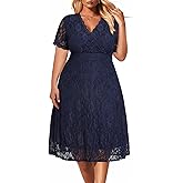 Women's Wedding Guest Plus Size Semi Formal Cocktail Lace Wrap V Neck Short Sleeve Knee Length Dress