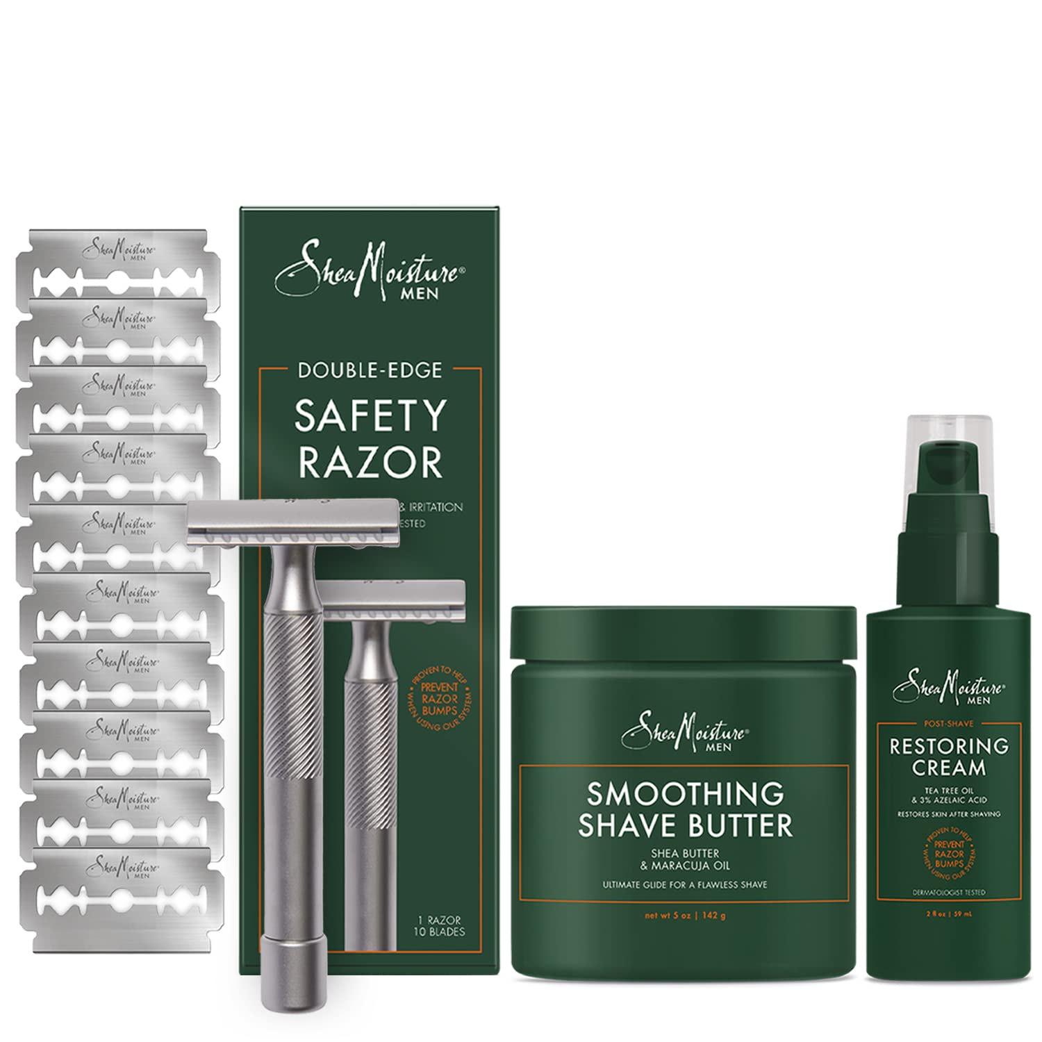 SheaMoisture Men, Shaving Kit, Smoothing Shave Butter 5 oz., Bundled with Double Edge Razor + 10 Refill Blades, After Shave Care Restoring Cream 2 oz, Helps Prevent Razor Bumps & Irritation