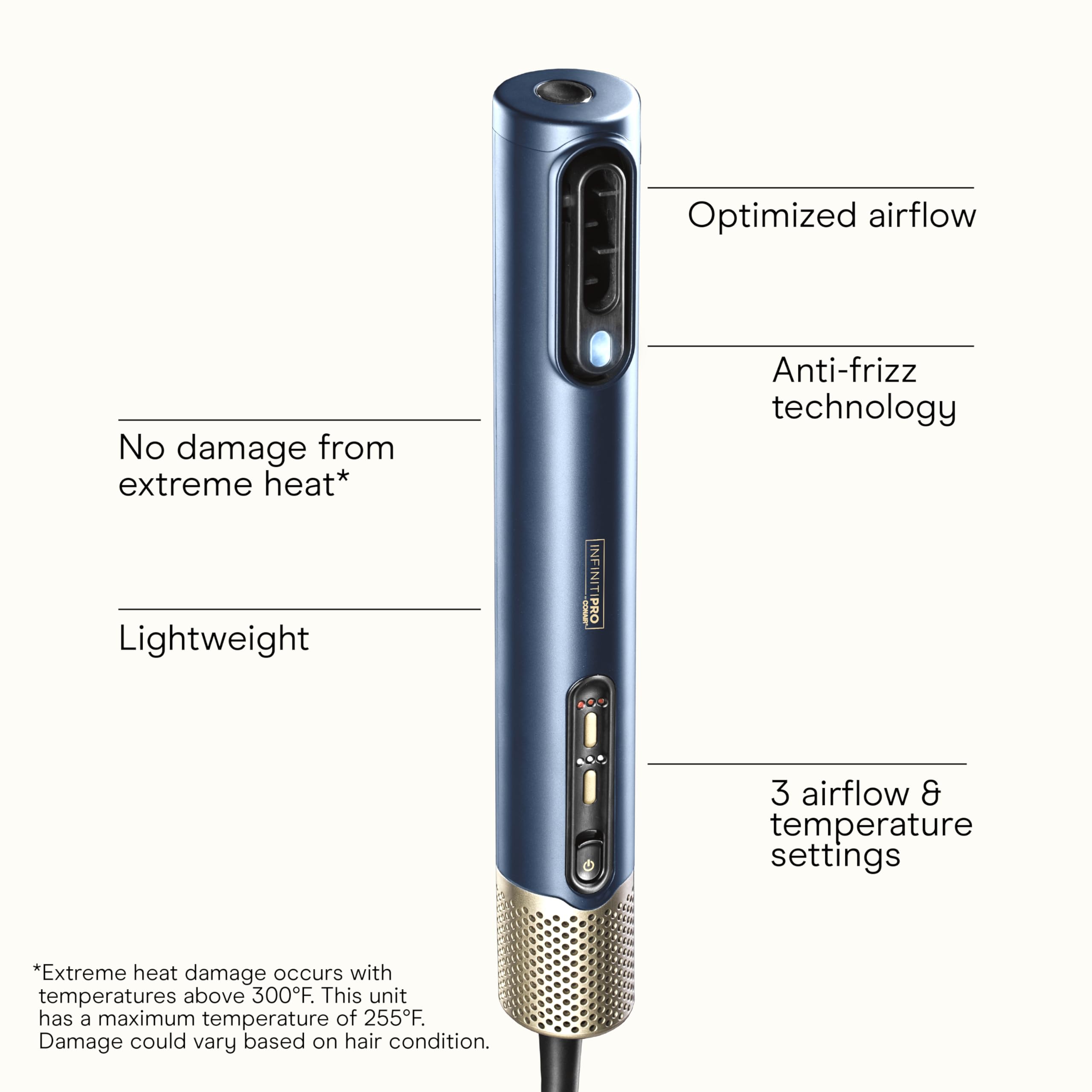Infiniti PRO by CONAIR DigitalAIRE Hair Dryer Drying Wand, Straightener and Styler, Ionic All-in-One Digital Motor Blow Dryer, Includes 4 High-Performance Attachments, Dark Blue