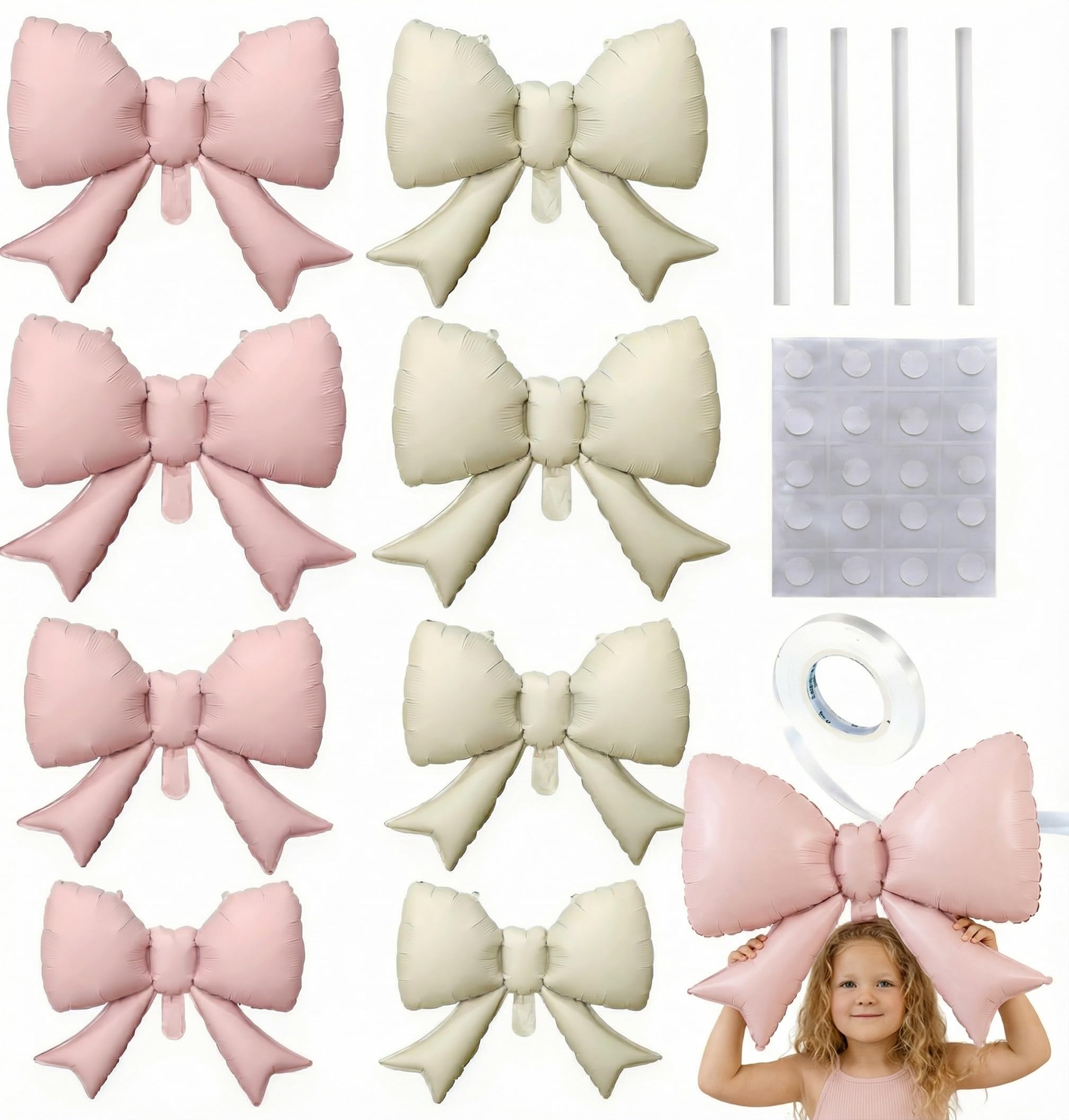 8 Pcs Large Pink and Cream Bow Balloons, Foil Balloons Kit with Straws, Ribbons & Glue Dots, Elegant Coquette Party Decorations for Birthday Bridal Shower Baby Shower Wedding Engagement