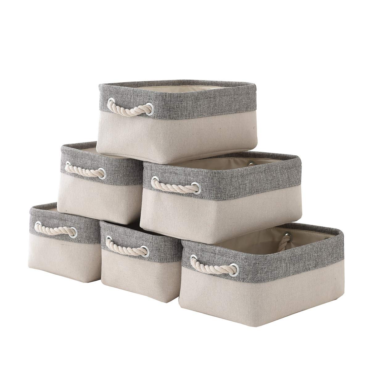 Storage Basket with Cotton Rope Handle, Collapsible Storage Bins Set Works As Baby Storage, Toy Storage, Nursery Baskets 6Pack (Grey&White)