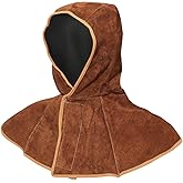 Premium Cowhide Leather Welding Hood with Shoulder Cape, Brown, Kevlar-Reinforced, Full Head Coverage Helmets, OSHA Compliant, Men & Women