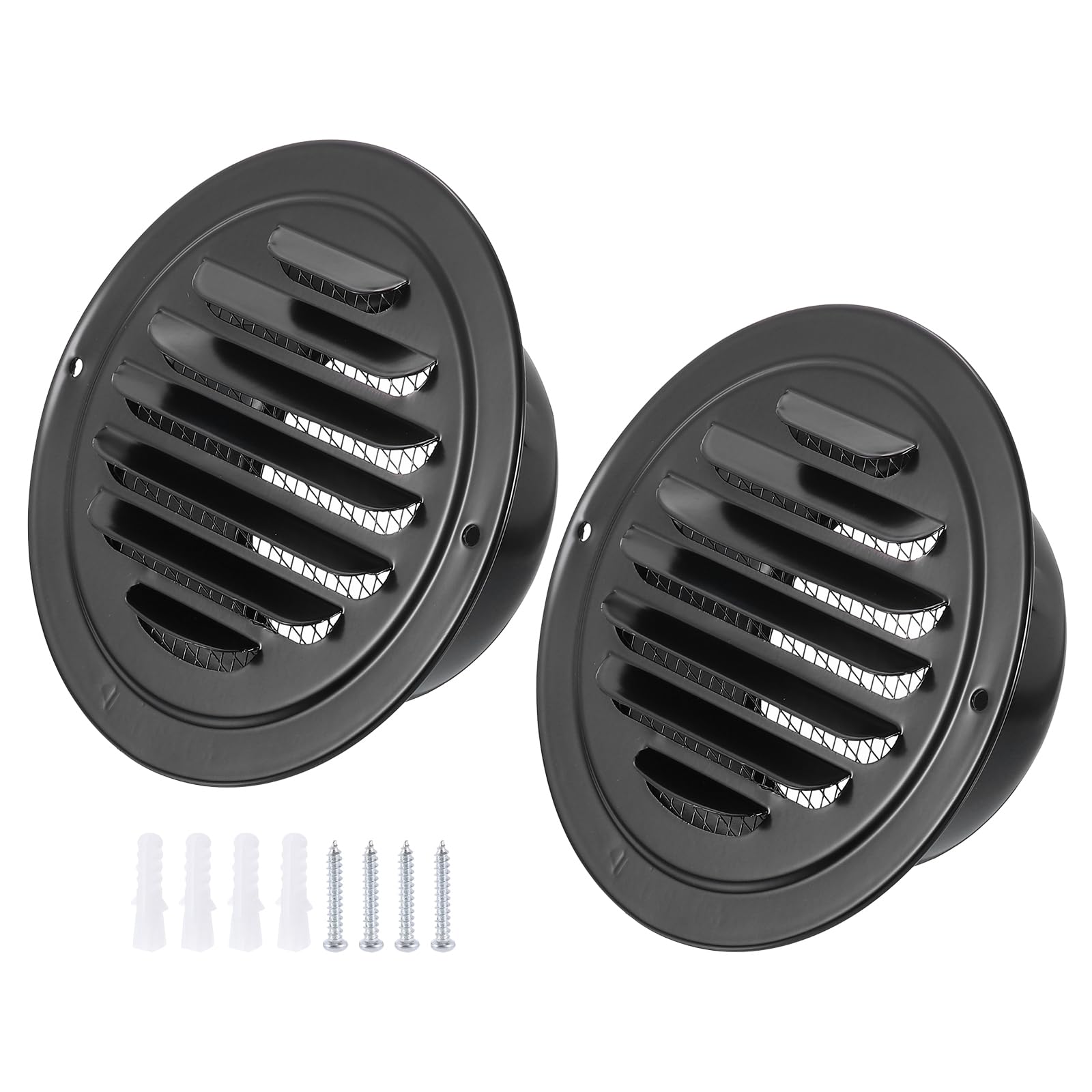 PATIKIL 4" Round Air Vent Cover, 2pcs 304 Stainless Steel Louvered Wall Inlet Outlet Grill Screen Mesh Ducting Soffit Vent with Screws for Ventilation, Black