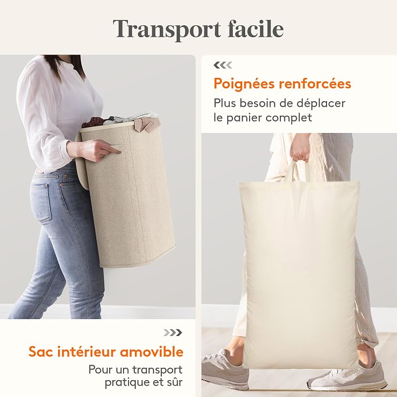 Panier Linge Sale, Bac Linge avec Couvercle, Corbeille Linge avec Plastique Poignées et Sac Linge, Laundry Basket pour Buanderie, Chambre, Salle de Bain, 55 L, Beige