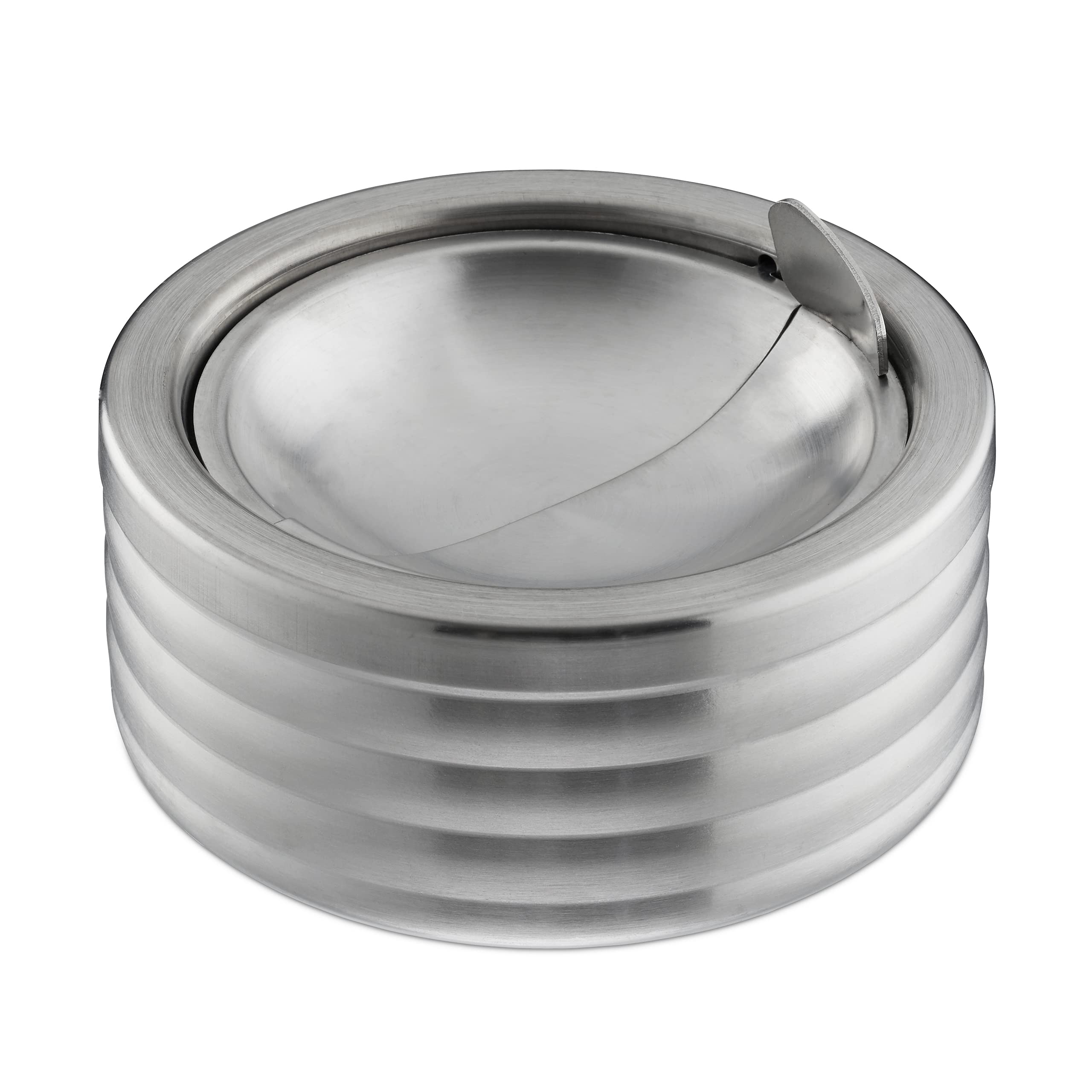 Relaxdays Ashtray Windproof, With Lid, In- & Outdoors, Brushed Stainless Steel, Round Ash Tray, H x D: 5.5 x 11.5 cm, Silver