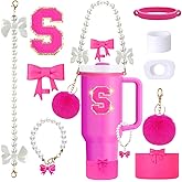 9PCS Pink Stanley Cup Accessories Set for 30oz 40oz Tumbler with Handle, Includes Pearl Strap, Bow Straw Toppers& Boot, Decorations Charms, Letter Sticker, Spill Proof Stoppers(Pink S)